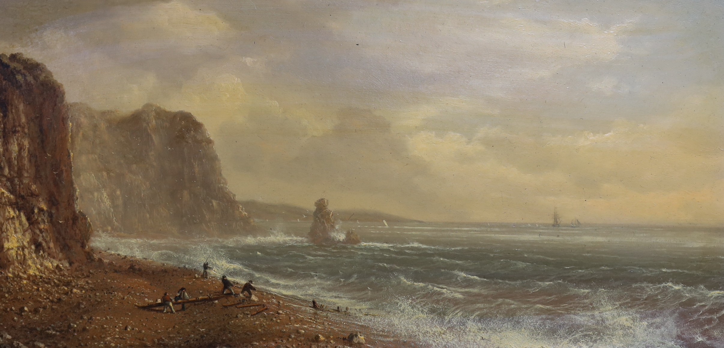 Attributed to Frederick John Widgery (1861-1942), oil on canvas, 'Figures gathering driftwood from a wreck', signed, 20 x 40cm